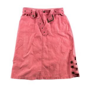 Vintage Y2K Midi Canvas Skirt Button Slit Belted Pink XS Grunge Rock Punk